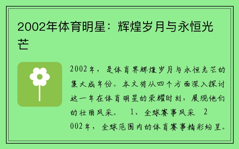 2002年体育明星：辉煌岁月与永恒光芒